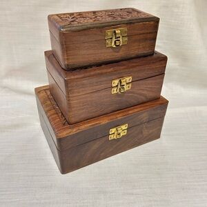 Set of Three Nesting Wooden Storage Boxes with Brass Latches